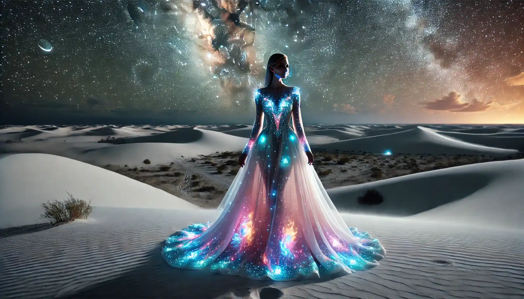 a woman standing in the white dunes of White Sands National Park at night, dressed in a futuristic cosmic-inspired outfit for the Nebula Nights Festival.