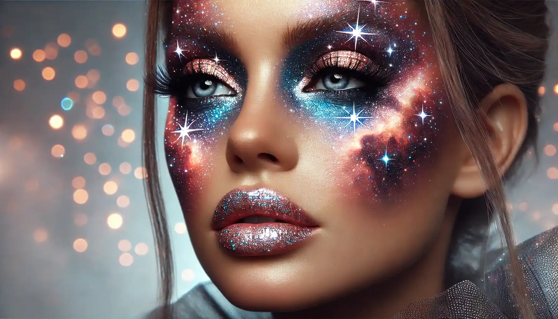 a woman with festival makeup for the Nebula Nights Festival: shimmering cosmic patterns with glittery star motifs and nebula-inspired colors on her cheekbones and eyelids.