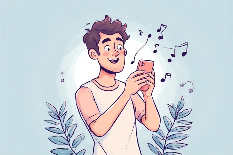 a man looks at his phone and music fly out
