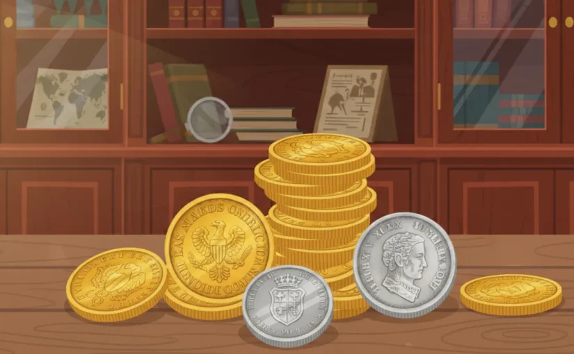 gold and silver coins on the table
